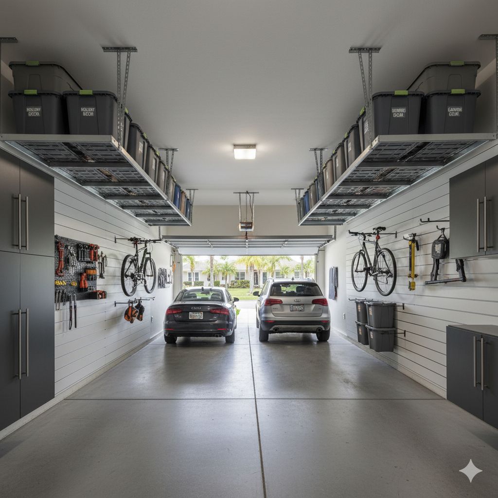 Vertical wall and ceiling storage systems installed by Garage-Tastic in Royal Palm Beach garage maximizing space for vehicle parking