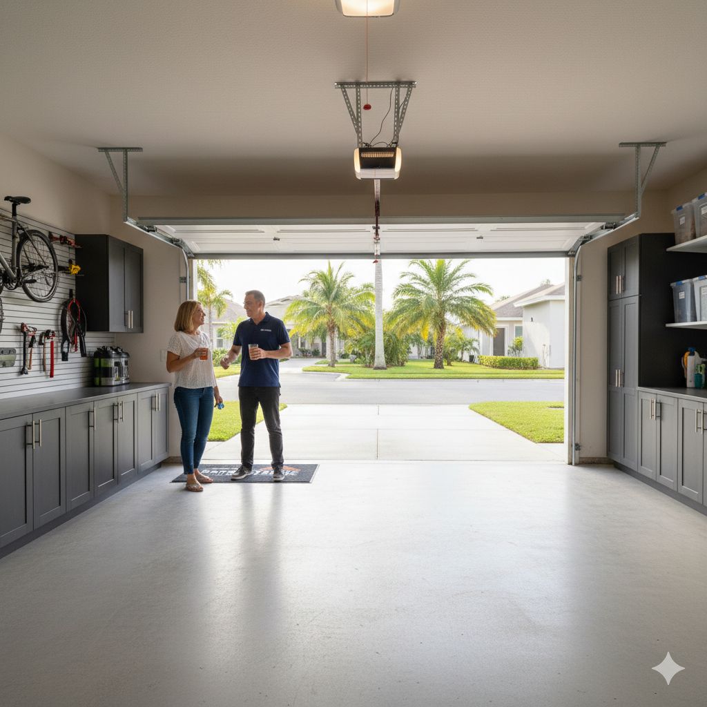 Garage-Tastic professional garage organizer completing successful storage system installation for satisfied Royal Palm Beach homeowners