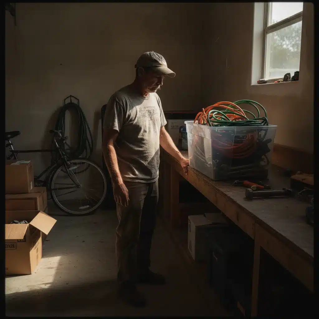 Homeowner assessing cluttered garage storage before custom garage design in Royal Palm Beach