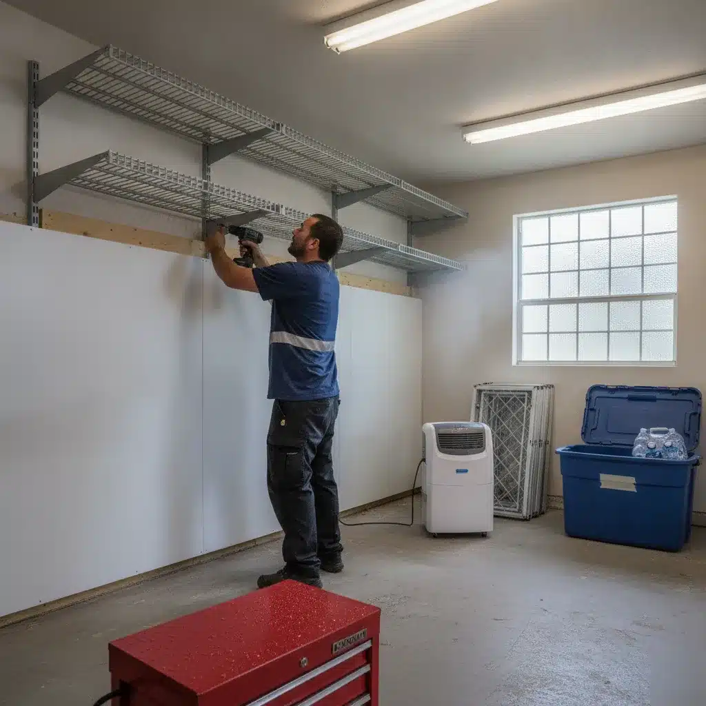 Worker installing moisture-resistant storage for hurricane season in Royal Palm Beach garage