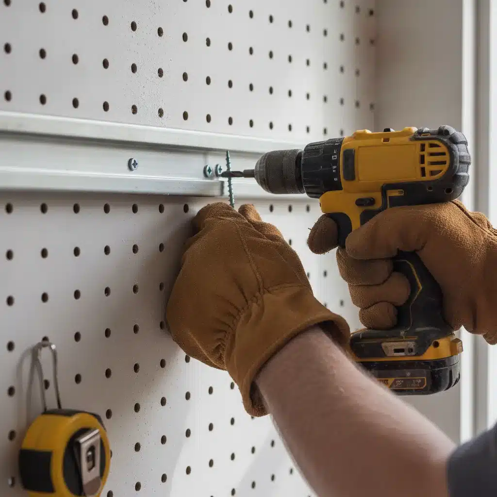 <br />
Hands installing aluminum shelving track for custom garage design in Royal Palm Beach