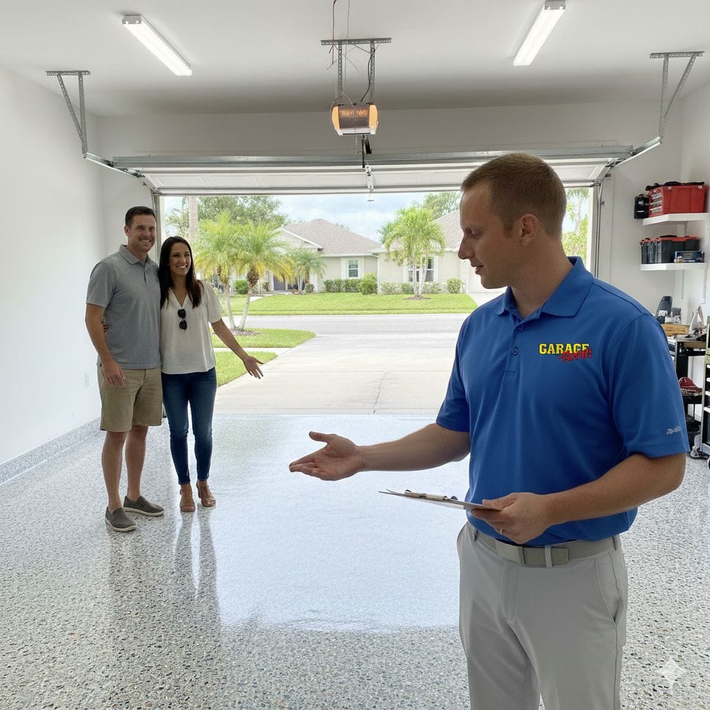 Garage-Tastic team member walking a Palm Beach County couple through a finished garage with a flake epoxy floor