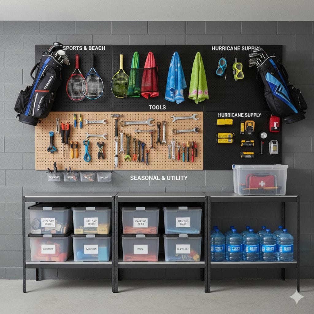 Custom garage storage zones created by Garage-Tastic organizers in Royal Palm Beach including hurricane supplies and seasonal items