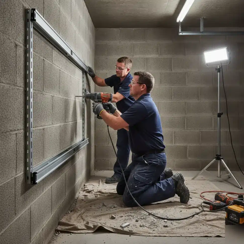 Installers mounting slatwall track on block wall in Royal Palm Beach