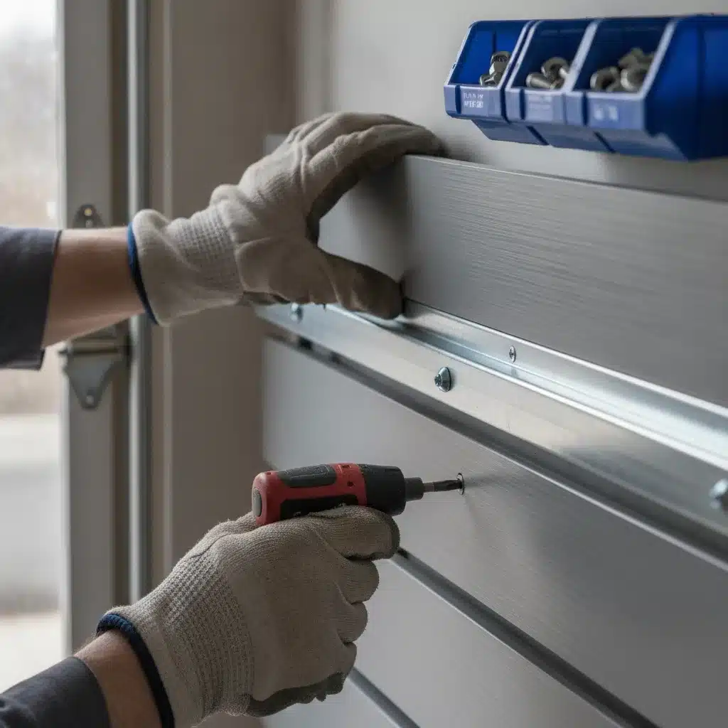 Close-up of hands installing slatwall groove panel in Royal Palm Beach garage