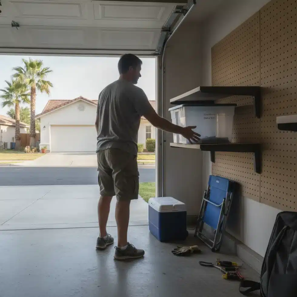 Homeowner using slatwall storage bins in Royal Palm Beach garage