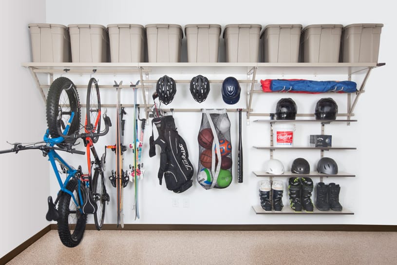 Sturdy almond-colored garage shelving setup in a West Palm Beach garage